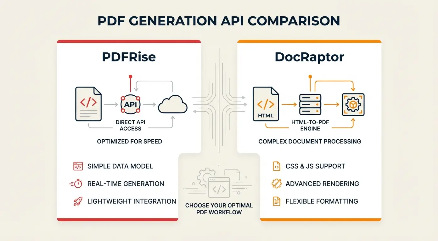 Comparison diagram of PDFRise and DocRaptor API PDF generation workflows.