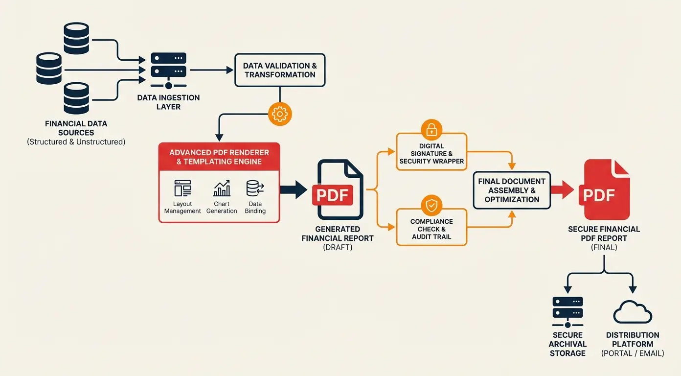 Diagram illustrating a financial report generation process, from data sources to secure PDF distribution.