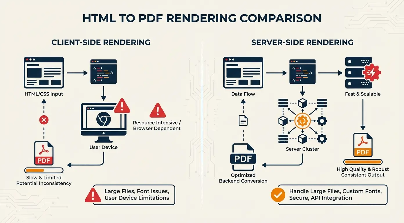 Diagram comparing client-side and server-side HTML to PDF rendering processes.