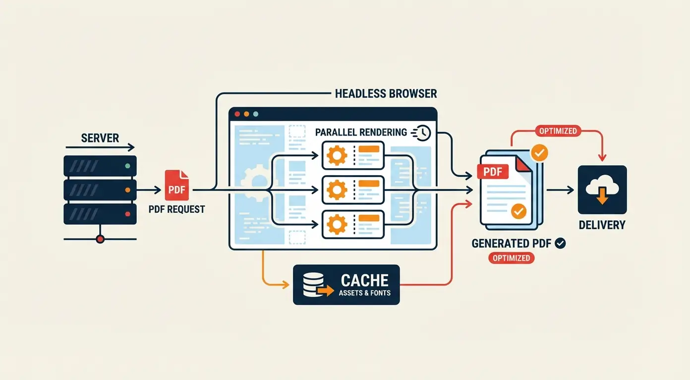 Diagram showing a server sending a PDF request to a headless browser for optimized PDF generation and delivery.